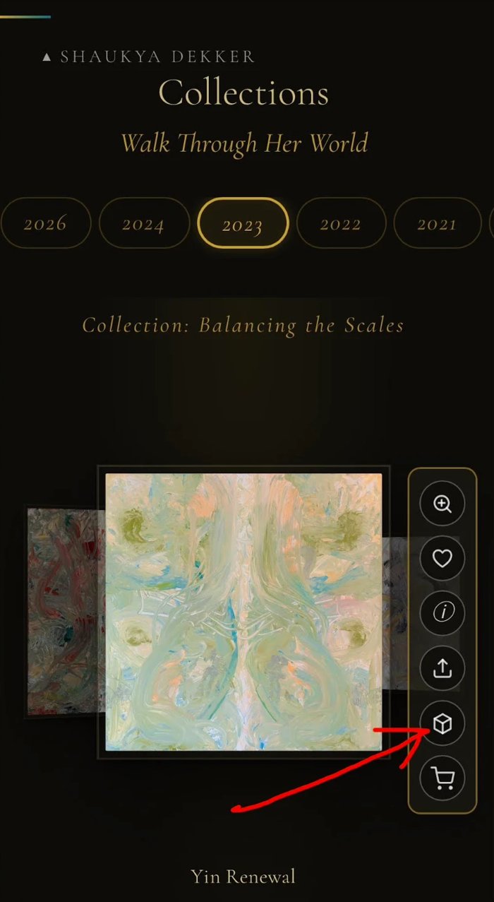 The Collections slideshow on a phone, with a red arrow pointing to the cube icon next to the painting